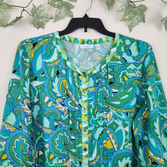 Susan Graver Passport Size L Green Blue Mustard Button Front Relaxed Top Blouse - Picture 2 of 7